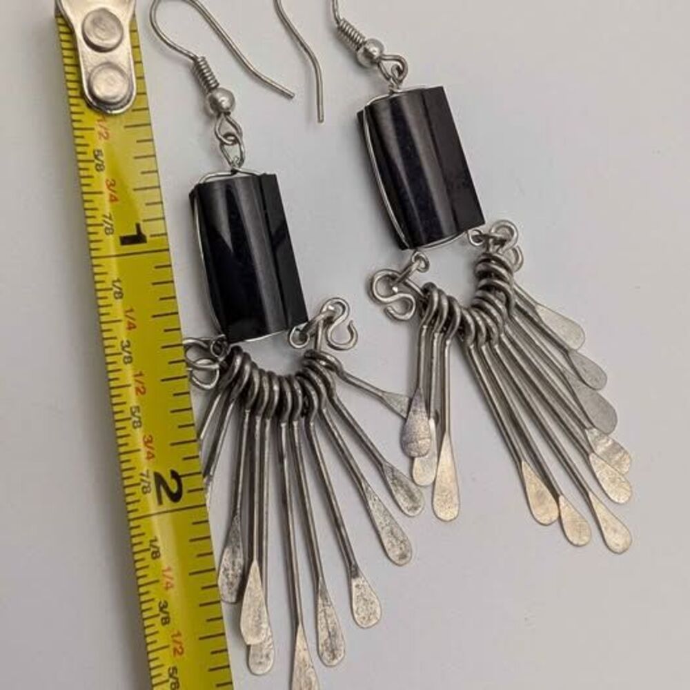Vintage Dangle Tassle Black Stone Boho Silver Tone Earrings